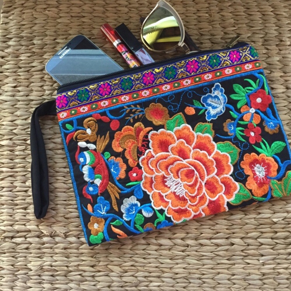 Anela Orange Blossoms Embroidered Clutch Wristlet